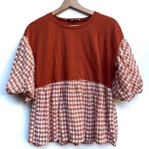 English Factory Gingham Peplum Puff Sleeves Orange Top Size S